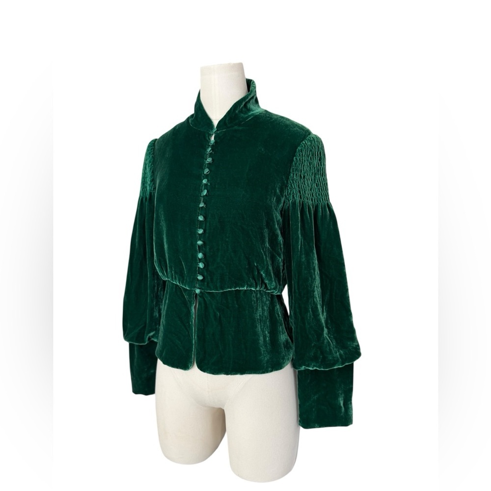 BCBG Max Azria XS Emerald Green Velvet Blouse Victorian High Neck Button Front - Picture 2 of 8